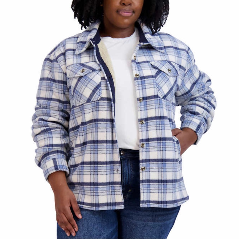Sage Ladies' Plush Plaid Shirt Jacket, Blue